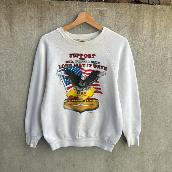 Sweatshirts 80s Pullover Support Red White Blue Long May It Wave Size XS - Picture 1 of 2